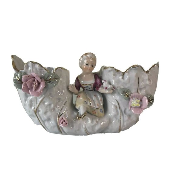Vintage Bond Ware Double Planter, Lady Holding Bird, Ceramic, Home Decor - Picture 1 of 12